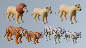 Low poly 3D big cat collection with lion family including mane variations, orange tigers and white tigers in different sizes