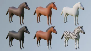Low poly 3D equine collection featuring horses in black, brown and white colors plus zebra with distinctive stripes
