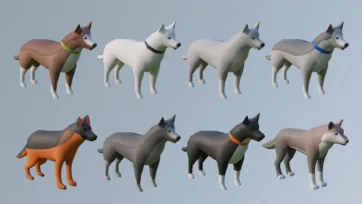 Low poly 3D domestic dog collection showing various breeds and colors with collars in sitting and standing poses