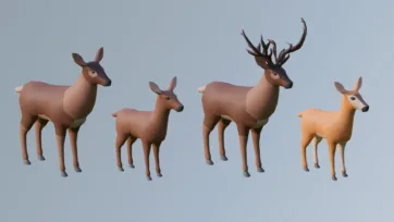 Low poly 3D deer family collection featuring doe, fawn, buck with antlers and young deer in forest color variations