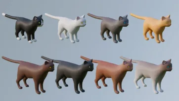 Low poly 3D cat models collection displaying various domestic cat breeds and colors in black, white, gray and orange variations