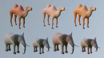 Low poly 3D desert and safari animals showing camel variations in top row and elephant family groups in different sizes below