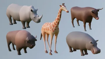 Low poly 3D large animals collection featuring rhinoceros, giraffe, buffalo, hippopotamus and elephant models in neutral background