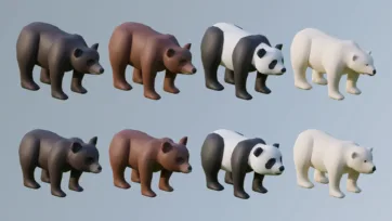 Low poly 3D bear models collection showing black bear, brown bear, panda and polar bear in two rows with different color variations