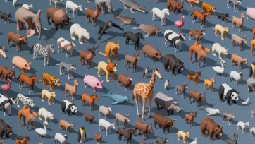 Low poly 3D animals pack overview showing scattered collection of various wildlife including tigers, pandas, elephants, giraffes, zebras, bears and farm animals