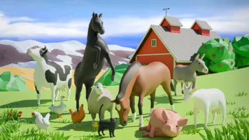 Low poly 3D farm animals pack featuring horses, cows, pigs, sheep, goats, chickens, ducks and cat near red barn with apple tree