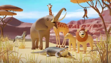Low poly 3D safari animals pack with elephant, giraffe, lion, zebra, crocodile in African savanna landscape with acacia trees and red rocks