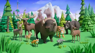 Low poly 3D forest animals pack featuring deer, moose, buffalo, tiger, bear, fox, raccoon and rabbit in woodland setting with mountains and pine trees