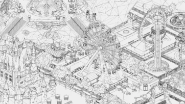 Complete wireframe overview of 3D low poly amusement park showing all rides, buildings and attractions in technical mesh view