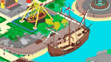 Wireframe view of 3D low poly pirate ship and construction crane showing detailed mesh structure and geometry