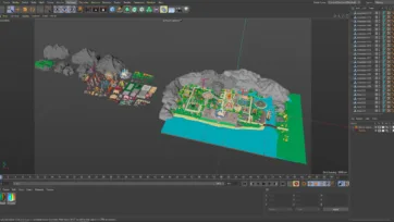 Cinema 4D interface with 3D low poly amusement park scene setup ready for rendering with object manager and layers