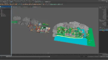 Maya 3D workspace showing assembled low poly amusement park scene with complete island layout and asset library