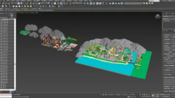 3ds Max viewport displaying organized 3D low poly amusement park assets with scene hierarchy and mountain backdrop