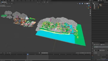 Blender 3D editor view showing complete low poly amusement park scene with all assets arranged on tropical island setting
