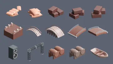 Collection of 3D low poly construction elements including sandstone blocks, chocolate bricks, curved bridges, speaker and boat assets