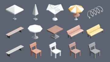 3D low poly outdoor furniture collection including umbrellas, benches, chairs and tables in various colors for amusement park