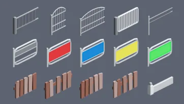 Collection of 3D low poly amusement park buildings including steps, tent pavilion, cafe and station structures
