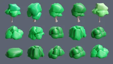 Collection of 3D low poly green bushes and ground vegetation elements for amusement park landscaping and decoration
