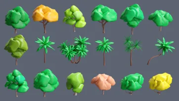 Comprehensive collection of 3D low poly trees and foliage including palm trees, deciduous trees and bushes in various colors