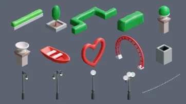 3D low poly modular park elements including green hedges, red boat, heart shape, roller coaster loop, columns and string lights