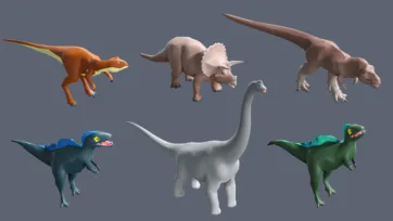 Collection of 3D low poly dinosaur models for amusement park including orange raptor, triceratops, T-rex, brontosaurus and green velociraptors