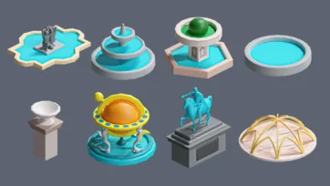 Collection of 3D low poly water features including decorative fountains, pools, water attractions and ornamental pavilion structures