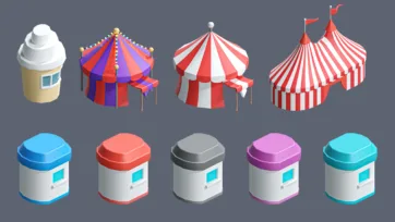 3D low poly circus tents in various striped patterns, ice cream booth and colorful carnival kiosk collection
