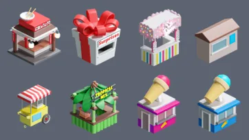 Collection of 3D low poly amusement park food stands including ramen booth, gift shop, ice cream cart and tropical mix kiosk