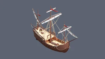 Detailed 3D low poly pirate ship with full rigging, white sails, multiple masts and authentic nautical details