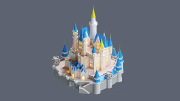 Detailed 3D low poly fantasy castle with blue cone towers, illuminated windows and medieval architecture for amusement park