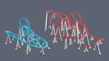 3D low poly roller coaster track systems in blue and red color variations with multiple loops and support structures