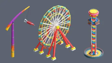 3D low poly extreme amusement park rides including bungee jump crane, large ferris wheel and colorful drop tower attraction