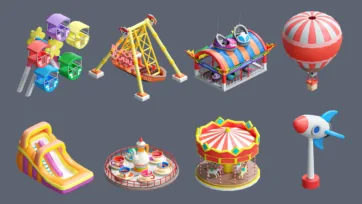 3D low poly family amusement park rides featuring ferris wheel, pirate ship, inflatable slide, teacup ride, carousel and hot air balloon