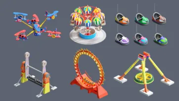 Collection of 3D low poly amusement park individual ride assets including airplane ride, striped carousel, colorful bumper cars and loop roller coaster