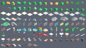 3D low poly amusement park asset collection featuring trees, terrain tiles, rocks, fences, fountains, furniture and building elements for game development