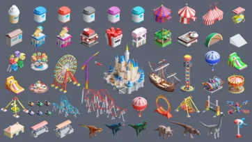 3D low poly amusement park rides including circus tents, ferris wheel, castle, hot air balloons, carousel and dinosaur models for game assets