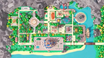 Complete overhead 3D low poly amusement park master plan layout showing all zones with roller coasters, water areas, castle, rides and tropical landscaping