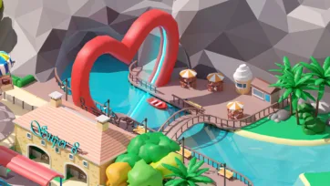 3D low poly heart-shaped red water slide attraction with Super S building, outdoor seating and tropical palm trees