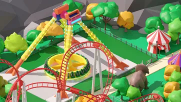 3D low poly yellow roller coaster with mountain backdrop, red circus tent and green forest landscape in amusement park setting