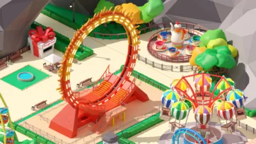 3D low poly amusement park featuring teacup ride, orange loop-the-loop roller coaster and colorful ferris wheel with striped umbrellas