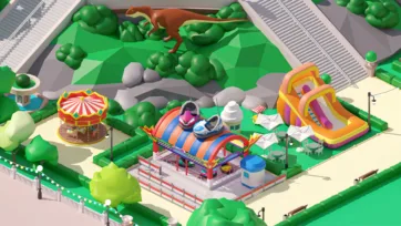 3D low poly family-friendly amusement park area with carousel, colorful inflatable slide, dinosaur exhibit and green landscaping