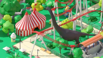 3D low poly amusement park dinosaur exhibit area with large brontosaurus model, red roller coaster and striped circus tent