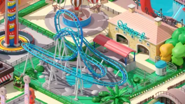 Complex 3D low poly blue roller coaster with multiple loops, water slide area and Super S entertainment building in amusement park