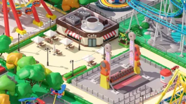 3D low poly amusement park cafe building with outdoor seating area, blue roller coaster track and colorful carnival attractions