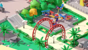3D low poly amusement park section featuring red roller coaster loops, colorful carnival ride with multiple cars and tropical landscaping