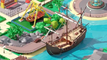 Detailed 3D low poly pirate ship water attraction with yellow construction crane, carousel fountain and tropical palm trees in amusement park