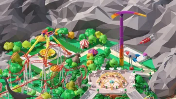 3D low poly extreme amusement park section with mountain roller coaster, bungee jump tower and adventure rides in rocky terrain