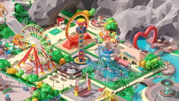 Overview of 3D low poly amusement park carnival section with ferris wheel, drop tower, carousel and various colorful carnival rides