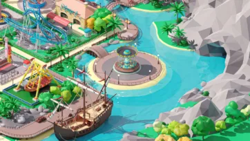 3D low poly amusement park water island featuring pirate ship attraction, carousel and blue roller coaster with tropical landscaping