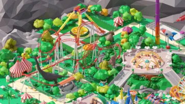Detailed 3D low poly roller coaster complex with multiple loops, circus tents and carnival rides set against mountain backdrop